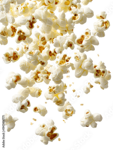 Fluffy popcorn kernels flying through the air on transparent background