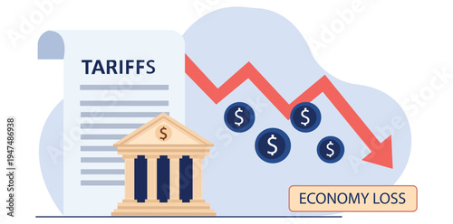 Tariffs Impact: Conceptual illustration of economic concept, a depiction of tariffs effects on currency and economy.