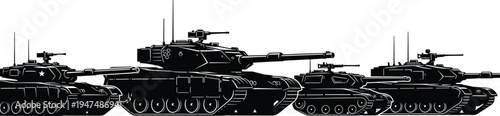 "Five silhouette military tanks side profile lined up in row showing different turret shapes, barrel lengths, and hull designs, armored combat vehicle illustration artwork"