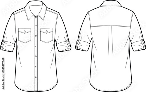 Men roll up sleeve button down shirt with chest pockets front and back view technical template, apparel CAD drawing flat vector illustration