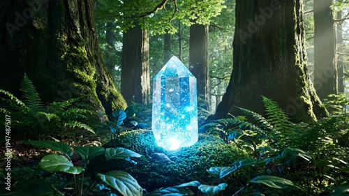 Glowing blue crystal in forest.