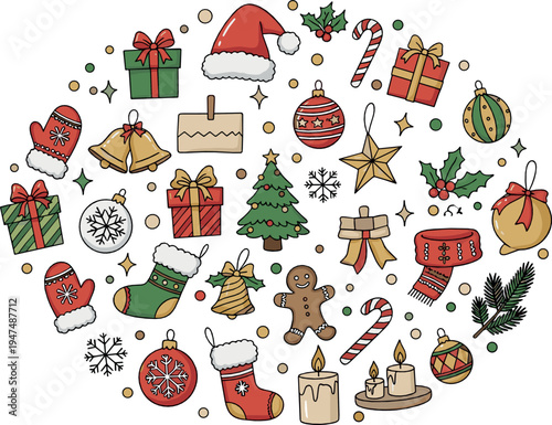 Christmas Holiday Doodle Vector Collection with Santa Hat Tree Gifts Candy Cane Gingerbread Snowflake Festive Winter Illustration Set