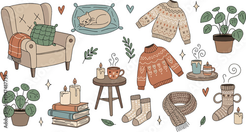 Cozy Autumn Home Vector Collection with Sweaters Armchair Blanket Tea Candles Books Houseplants Hygge Lifestyle Illustration Set