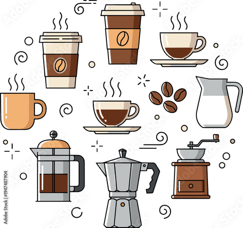 Coffee brewing elements collection with french press moka pot cups beans grinder and takeaway coffee flat vector illustration set