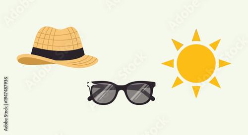 Summer accessories for sunny days with hat and sunglasses