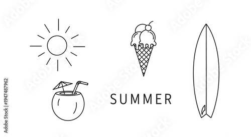 Summer fun with surfboard ice cream and coconut drink