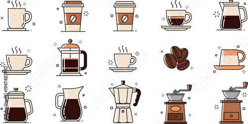 Coffee Brewing Methods Vector Collection with French Press Moka Pot Coffee Grinder Drip Coffee Cup Illustration Set