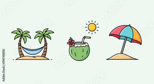 Tropical beach elements with hammock, coconut drink and umbrella