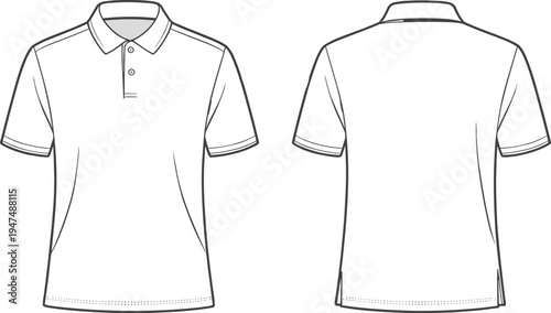 Polo shirt front and back view technical outline template, short sleeve collar apparel CAD drawing flat vector illustration clothing mockup