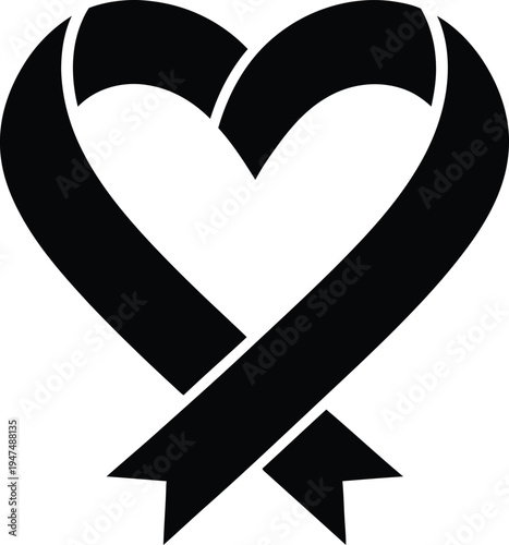 A black heart shaped vector ribbon tied in a bow on white background