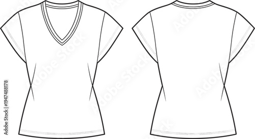 Women V neck cap sleeve t shirt front and back view technical template, apparel CAD drawing flat vector illustration