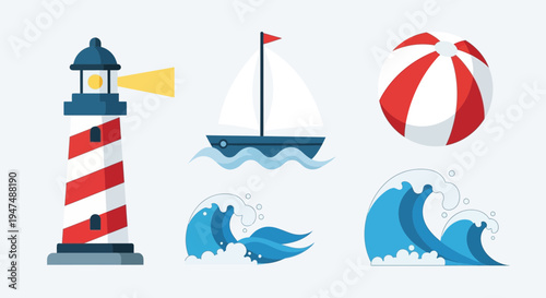 Vibrant beach scene with lighthouse, sailboat, and waves