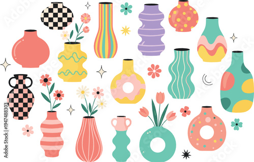 Colorful Decorative Vases Vector Collection with Modern Ceramic Pots Flowers Abstract Home Decor Illustration Set