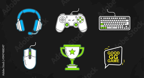 Vibrant gaming setup with trophy and good game speech bubble