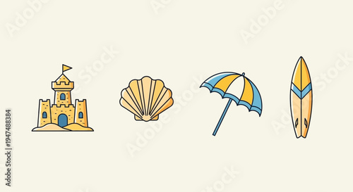 Vibrant beach icons for summer fun and adventure