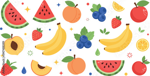 Colorful Fresh Summer Fruits Vector Collection with Watermelon Banana Peach Apple Strawberry Blueberry Orange Healthy Organic Food Illustration Set