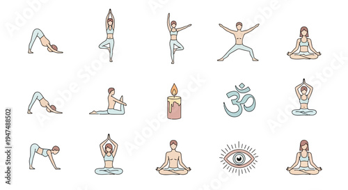 Various yoga poses for mindfulness and relaxation in modern illustration