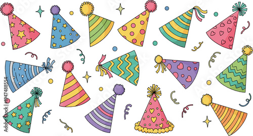 Colorful Party Hats Vector Collection with Birthday Celebration Caps Confetti Festive Cartoon Illustration Set