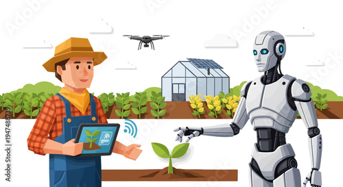 Farmer and robot discussing agricultural technology.