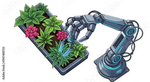 Robot arm tending to plants in a garden bed with green leaves and pink flowers.