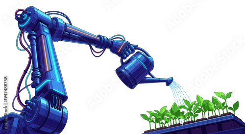 Robotic arm watering young plants with precision.