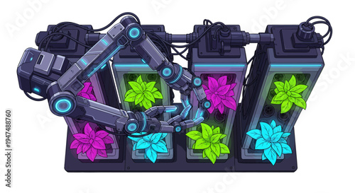 Robotic arms handling colorful neon flowers.