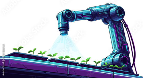 Robotic arm watering young plants in a futuristic greenhouse setting with precision technology.