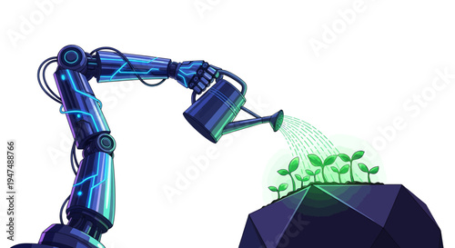 Robot watering green plants with spray nozzle.