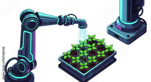 Robotic arm watering plants in a futuristic hydroponic system.