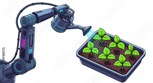 Robotic arm nurturing young green seedlings.