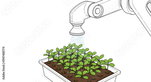 Robot arm watering young green seedlings.