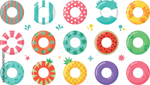 Colorful Pool Float Rings Vector Collection with Tropical Patterns Watermelon Pineapple Polka Dot Inflatable Swim Tubes Illustration Set