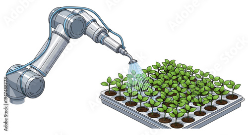 Robot arm watering seedlings in tray.