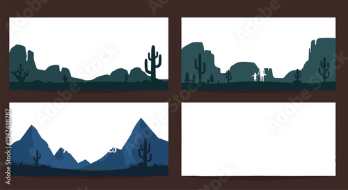 Desert landscape silhouette collection of mountains cactus wilderness and hiking people set, cad drawing flat vector illustration, isolated on white.