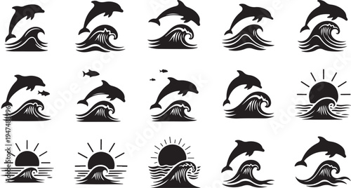 Dolphin Silhouettes Jumping Waves Sunlight Ocean Icons Set