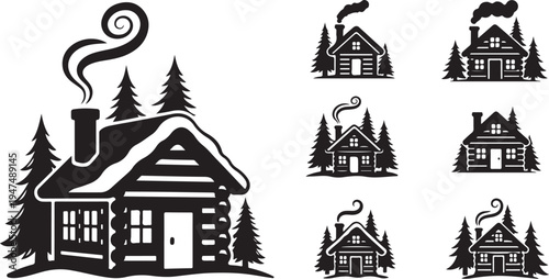 Black and white cabin in the woods illustration