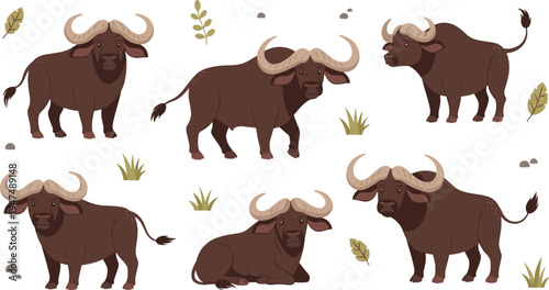 African Buffalo Vector Illustration Set Featuring Wild Cape Buffalo in Standing and Resting Poses for Safari Wildlife Graphics, Nature Designs, and Animal Education Materials.