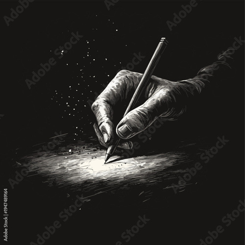 A hand holding a pencil writing or drawing on a dark surface with light strokes in monochrome art , vector style simple color