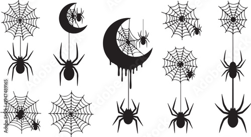 Halloween spider web and moon icons set