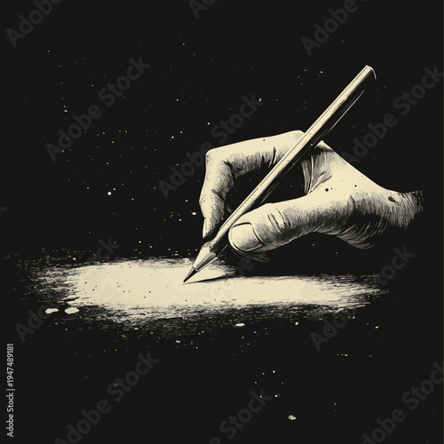 A hand holding a pencil writing or drawing on a dark surface with light strokes in monochrome art , vector style simple color