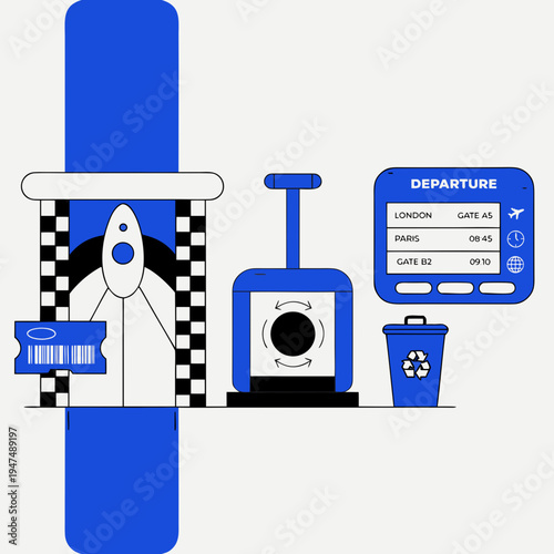 Rocket ship passing through airport security checkpoint with luggage and recycling bin