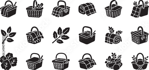 Picnic baskets and leaves icon set illustrations