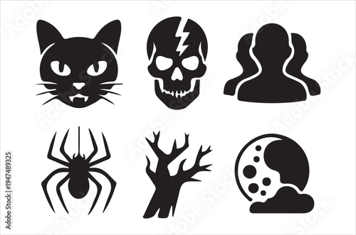 A collection of spooky halloween icons in black silhouette style