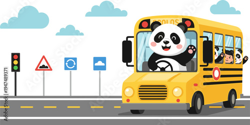 Cute Panda School Bus Vector Set with Traffic Signals, Road Signs, and Clouds for Transportation, Education, and Kids Themes