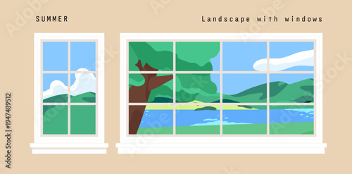 Summer landscape through white window