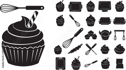 Black and white baking icons and cupcake illustration