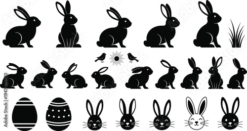 Easter bunny silhouette vector set, rabbit icons collection, spring holiday eggs, black hare shapes, animal head bundle on white background.
