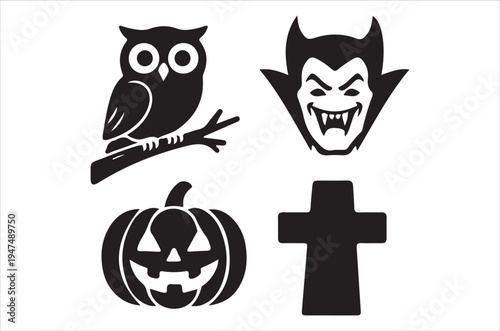 Halloween icons featuring an owl vampire pumpkin and christian cross