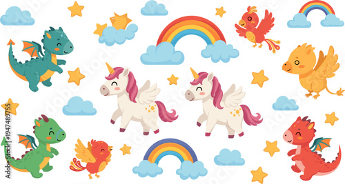 Magical Creatures and Fantasy Elements Vector Set with Unicorns, Dragons, Rainbows, Stars, and Birds for Kids, Fantasy, and Dreamy Themes