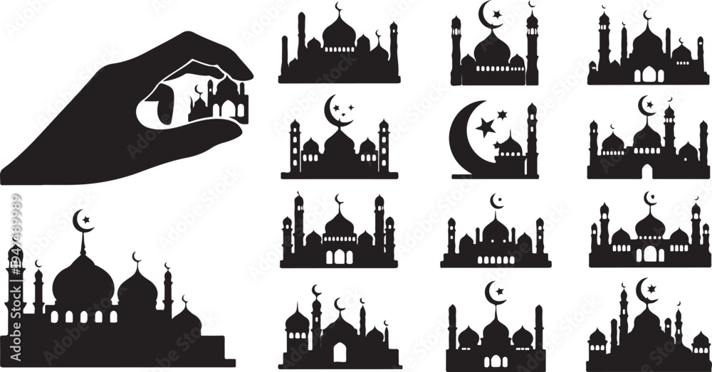 Naklejka premium Mosque Silhouette Icons for Ramadan and Islamic Design